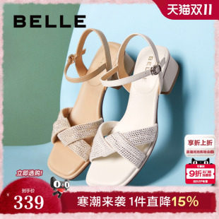 女外穿水钻一字带凉鞋 百丽女鞋 凉拖鞋 粗高跟鞋 3CM34BL4 子新款