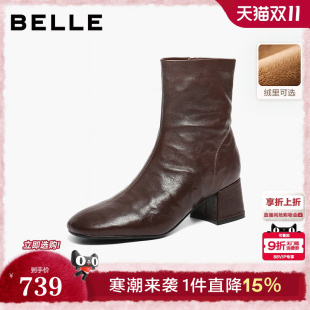 显瘦粗高跟防滑短靴子F2Q1DDZ5预 新款 百丽超软羊皮加绒时装 靴冬季