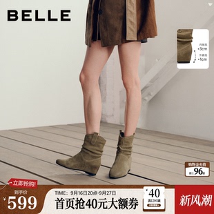 内增高4CM百丽加绒西部靴女2026冬新款显瘦堆堆美拉德短靴子G4G1D