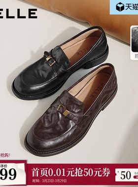 百丽抓皱羊皮乐福鞋女2026新款英伦风可踩脚皮鞋单鞋子F6W1DAA6