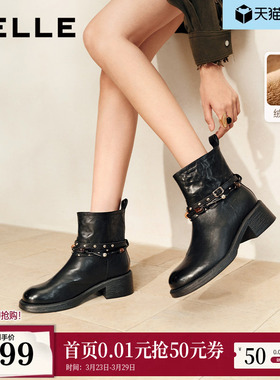 百丽粗高跟时装靴棕色靴子女真皮厚底棉鞋美拉德西部靴F2L1DDD5