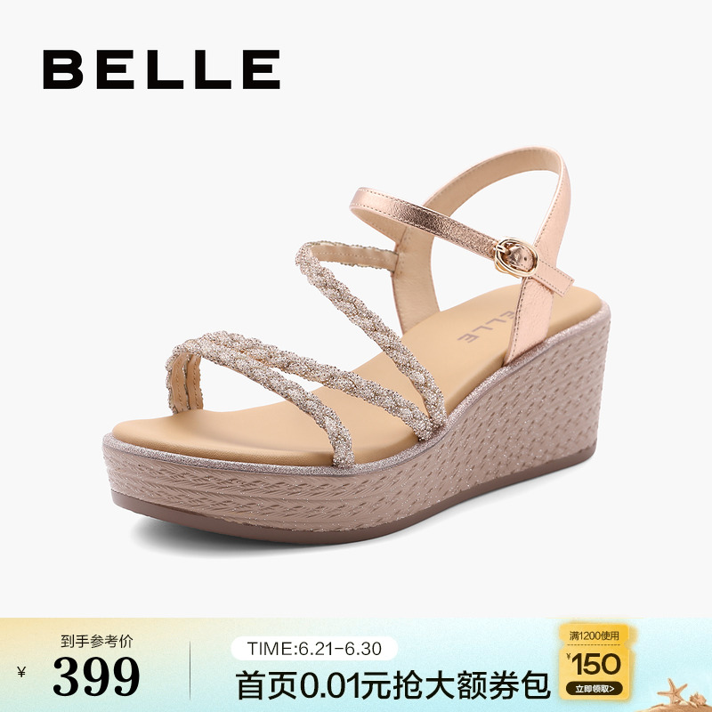 百丽女鞋子厚底坡跟运动凉鞋夏季新款水钻罗马凉鞋子A9R1DBL4