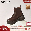 百丽复古厚底增高加绒保暖马丁靴女鞋冬款粗跟休闲短靴子E8V1DDD5