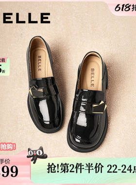 百丽粗高跟乐福鞋女春新款一脚蹬黑色小皮鞋单鞋子D7E1DAA5