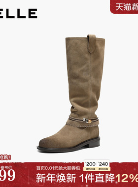 百丽复古堆堆靴西部靴女2025冬季新款巴恩风高长筒靴子F2S1DDG5