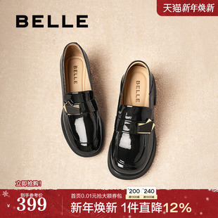 单鞋 一脚蹬黑色小皮鞋 子D7E1DAA5 女25春新款 百丽粗高跟乐福鞋