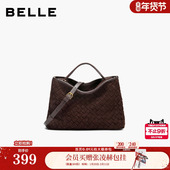 百丽包包女25冬商场同款 绒布编织拼接单肩斜挎手提托特包BL883DX5