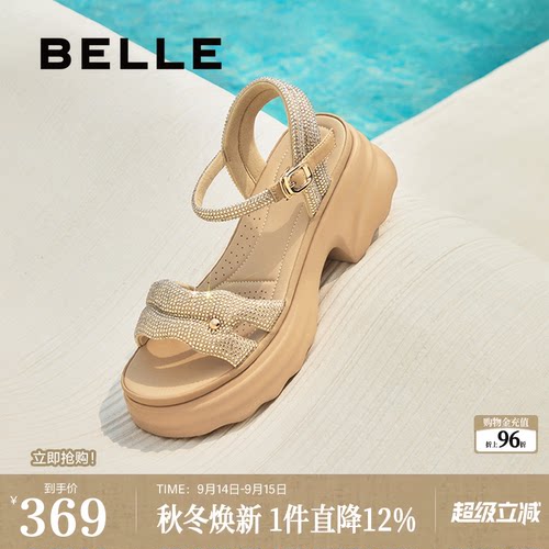 百丽厚底增高一字带凉鞋夏新款妈妈女法式休闲凉鞋D7Z2DBL5