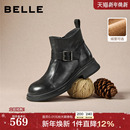 百丽黑巧靴抓皱真皮时装 黑色切尔西靴短筒靴E8P1DDD5 靴加绒新款