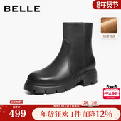 新款 百丽加绒保暖黑色女靴子厚底时装 靴冬季 真皮短靴E8Q1DDZ5