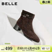 高跟短靴E5X1DDD5 冬新款 百丽双子星绒面羊皮显瘦超软时装 靴子女鞋