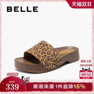 增高可外穿D8W1DBT5 夏季 百丽豹纹厚底一字凉拖鞋 子女2025新款