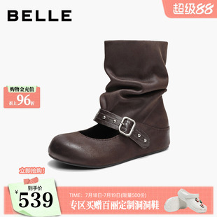 百丽复古铆钉西部时装靴女2026夏季甜酷舒适中筒靴休闲短靴B3398D