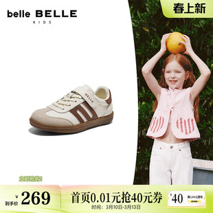 百丽跑道薄底板栗德训鞋男女中童2026春季商场新款魔术贴休闲鞋子