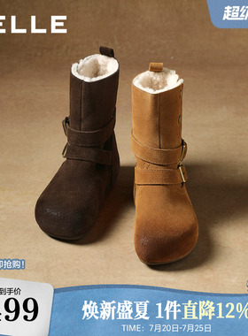 百丽复古双饰扣雪地靴女冬内增高加毛保暖休闲中靴F3E1DDZ5