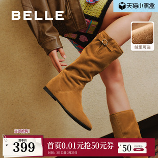 百丽女靴子复古西部靴堆堆靴加绒保暖冬季 内增高筒靴E5Y1DDG5 新款