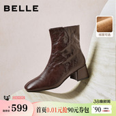显瘦粗高跟防滑短靴子F2Q1DDZ5 新款 百丽超软羊皮加绒时装 靴冬季