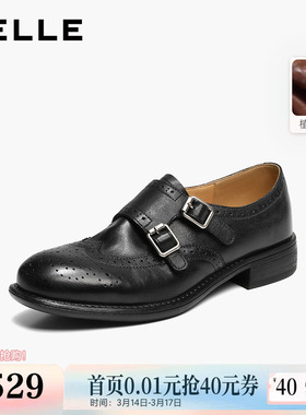 百丽水洗植鞣牛皮英伦风乐福鞋女26新款黑色小皮单鞋子B3106AA6