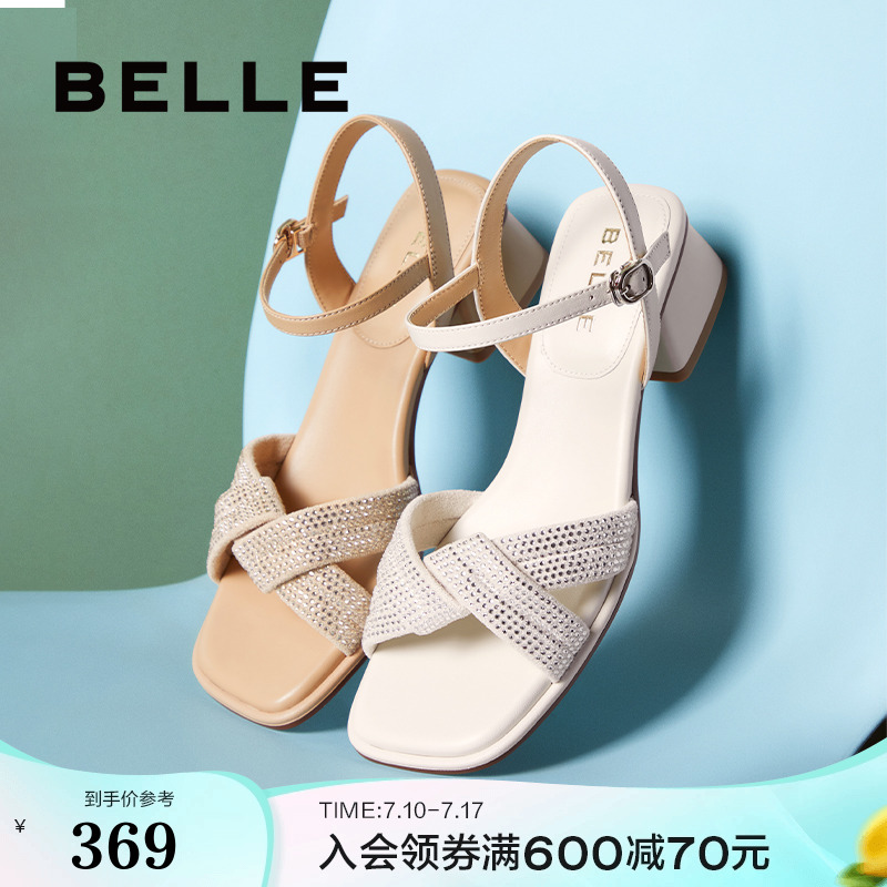 百丽女鞋子新款粗高跟鞋凉拖鞋女外穿水钻一字带凉鞋3CM34BL4