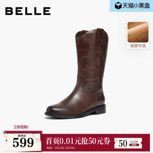 新款 冬季 牛皮中筒瘦瘦靴子3QFD1DS5 西部靴女鞋 百丽真皮加绒时装