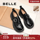 子 厚底25女复古英伦风黑色毛毛单鞋 张凌赫推荐 百丽黑巧乐福小皮鞋