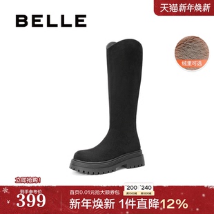 百丽女靴子厚底高长靴女新款 瘦瘦靴加绒长筒靴D2J1DDG4 冬季