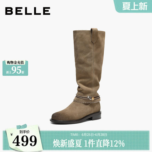 百丽复古堆堆靴西部靴女冬季新款巴恩风高长筒靴子F2S1DDG5