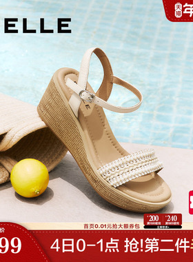 百丽度假风一字带凉鞋2025夏季新款妈妈坡跟松糕凉鞋子D8T1DBL5