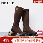 百丽显瘦瘦靴绒面弹力骑士长筒靴子女冬新款 粗跟高长靴3QFF2DG5
