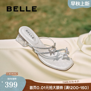 粗跟可外穿凉拖鞋 新款 D6E1DBT5 子小福蝶水钻夹脚拖夏季 百丽女鞋