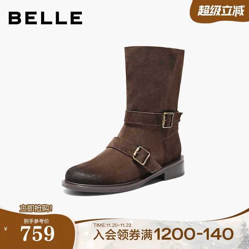 百丽复古反绒面中筒靴显瘦时装靴女鞋美拉德粗跟西部靴3QF65DG5