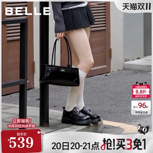 百丽厚底增高乐福鞋女2026新款复古学院英伦风黑色小皮单鞋子F9W2