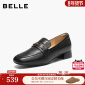 百丽羊皮粗高跟乐福鞋 子F1Z1DAA6 单鞋 女26新款 一脚蹬豆豆小皮鞋