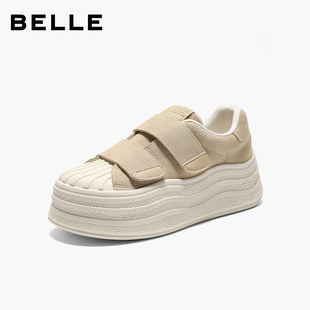 百丽复古小白板鞋新款棉鞋加绒厚底增高贝壳头毛毛面包鞋B2919C