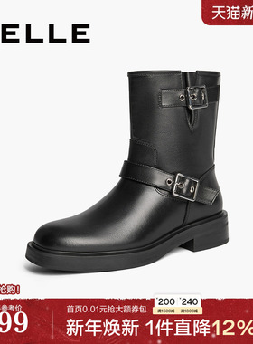 百丽休闲复古西部靴女冬季商场同款新款真皮机车靴短靴子3EL65DZ4