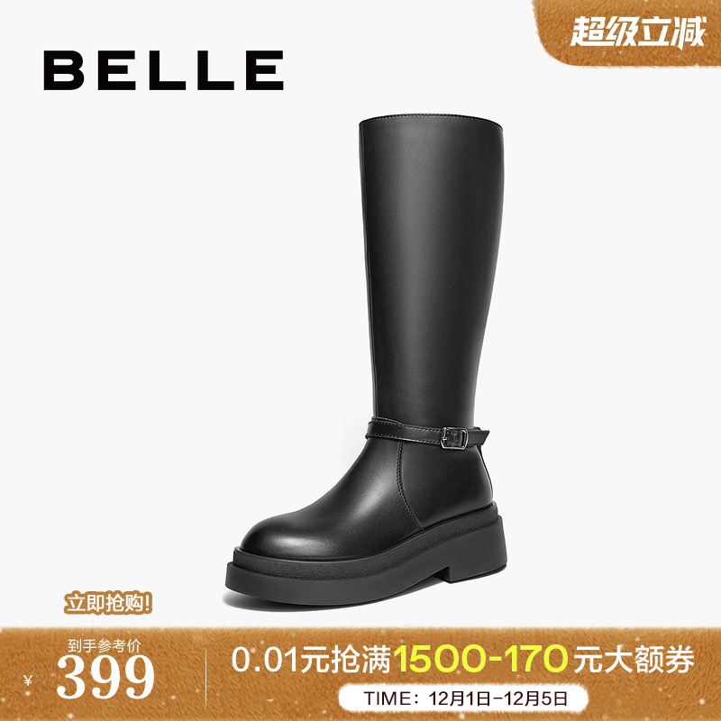 百丽女靴子冬季新款厚底长筒靴大筒围厚底显瘦骑士靴B9M2DDG4