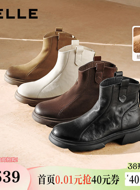 百丽复古时装超软羊皮靴新款加绒雪地靴显瘦粗高跟短靴E5S1DDD5