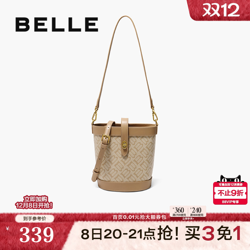 百丽包包女2025新款反绒麂皮老花通勤单肩斜挎手提水桶包JY216AX5