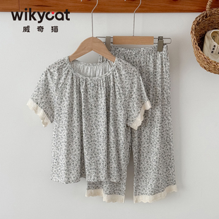 26新品威奇猫女童兰精莫代尔薄款半袖家居服套装亲子装花影