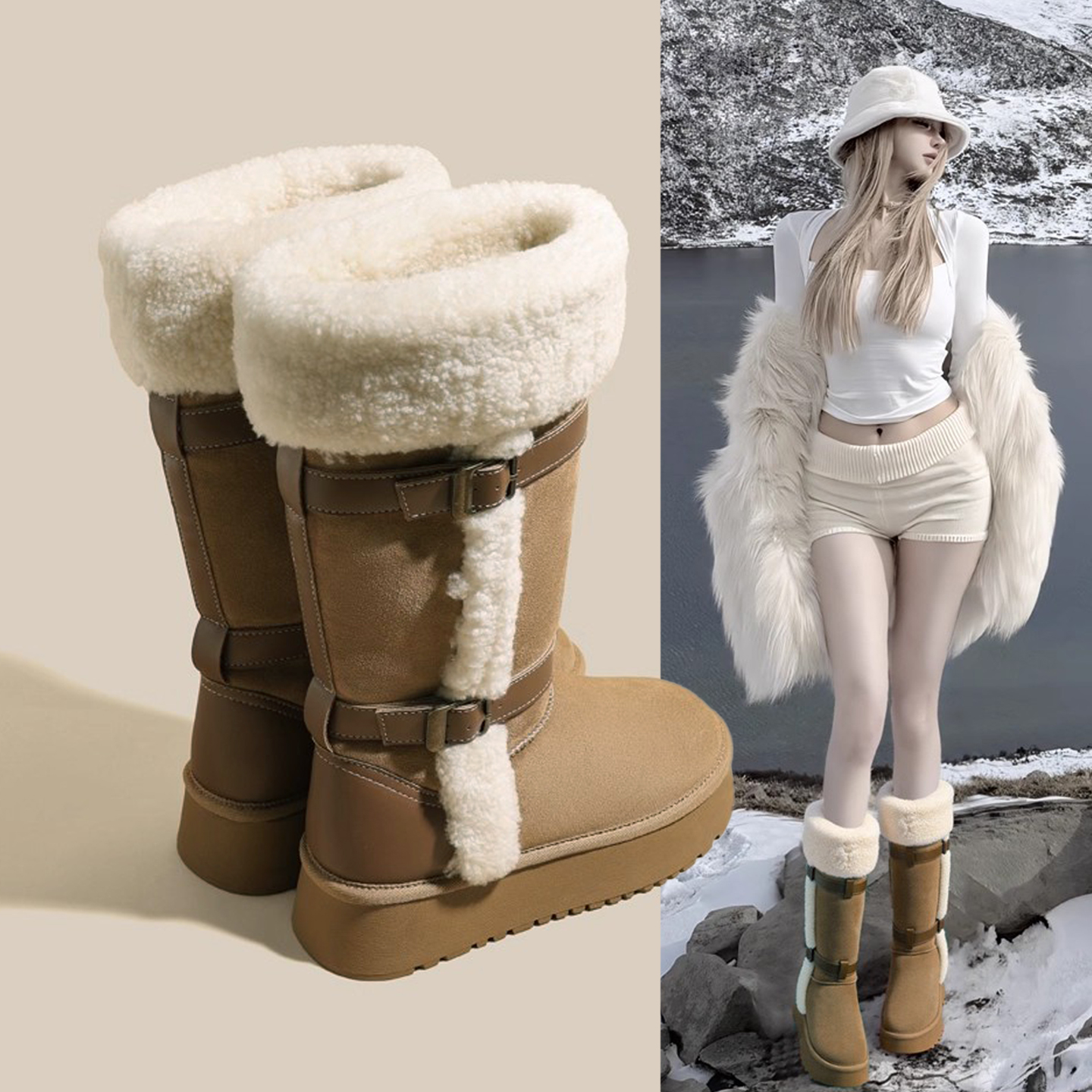 5CM厚底！加绒加厚中长筒雪地靴