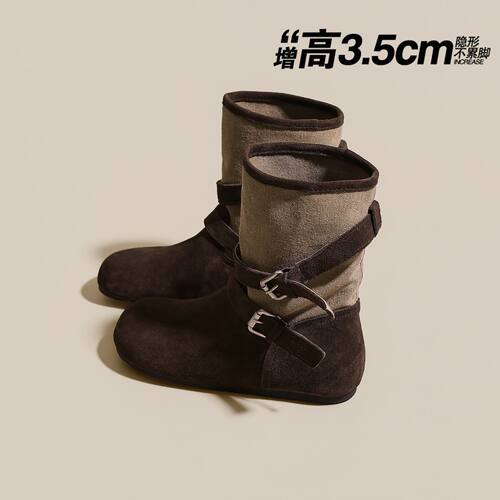 复古帆布皮带扣西部牛仔骑士靴