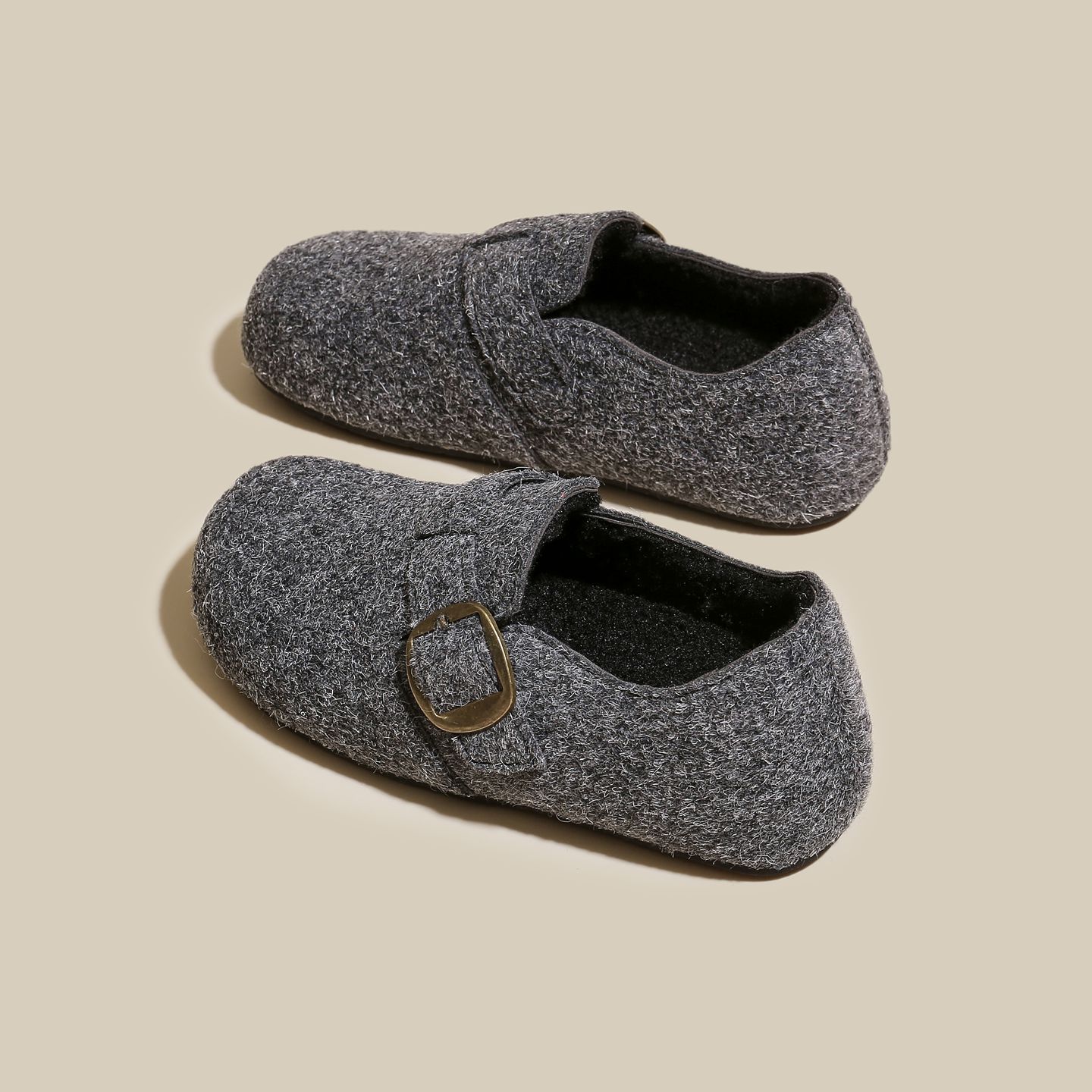 厚底全包毛呢勃肯鞋女2025新款秋冬加绒灰色百搭单鞋内增高棉鞋子