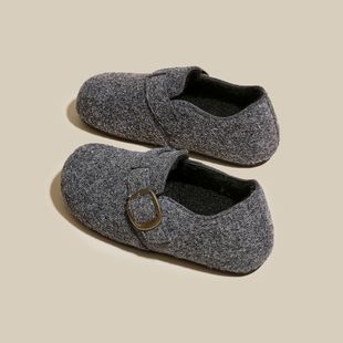 内增高棉鞋 秋冬加绒灰色百搭单鞋 子 女2025新款 厚底全包毛呢勃肯鞋