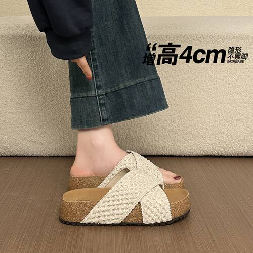 【4CM厚底增高】针织交叉带拖鞋
