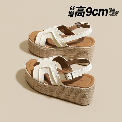 【9CM轻便厚底增高】草编凉鞋女