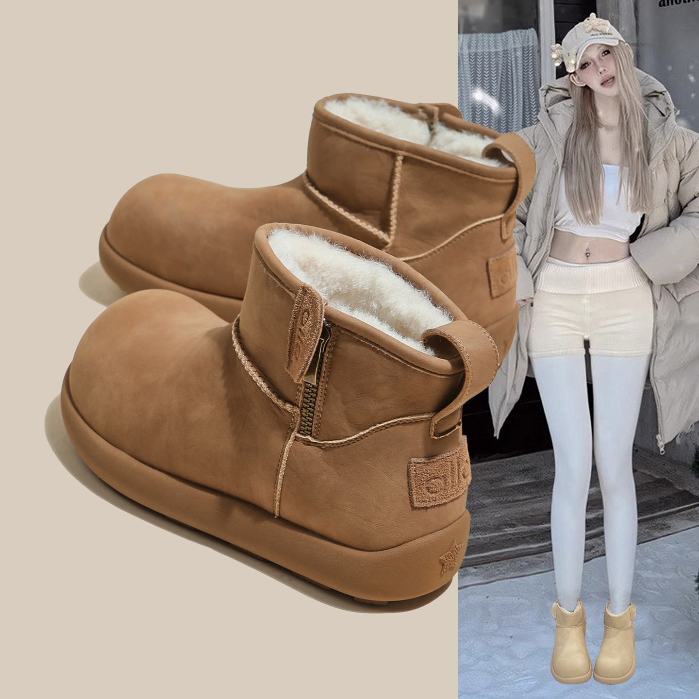 小土豆雪地靴！加绒加厚皮面款