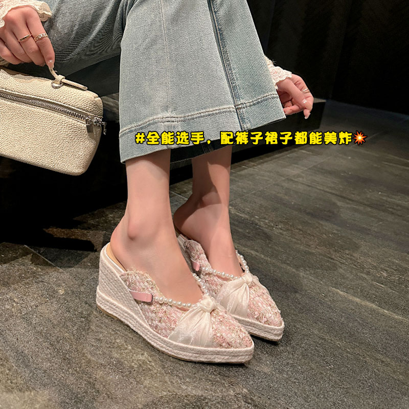 包头坡跟半拖鞋女小香风2025春夏新款厚底草编时尚外穿高跟穆勒鞋