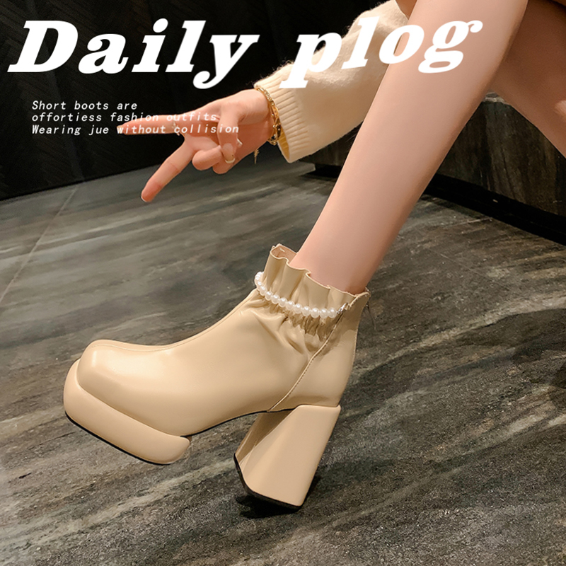 粗跟小短靴2024秋冬新款真皮厚底防水台增高显瘦百搭高跟马丁女靴