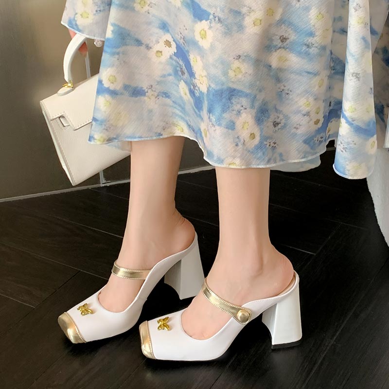 粗跟方头拼色高跟包头半拖鞋