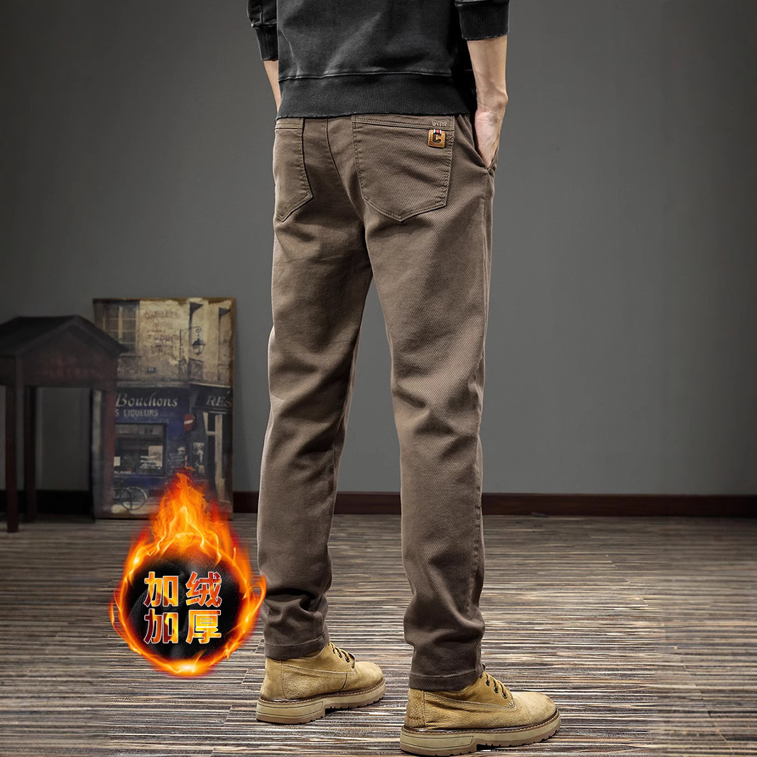 美式潮牌休闲长裤男修身加绒加厚裤子冬款工装直筒百搭商务小西裤